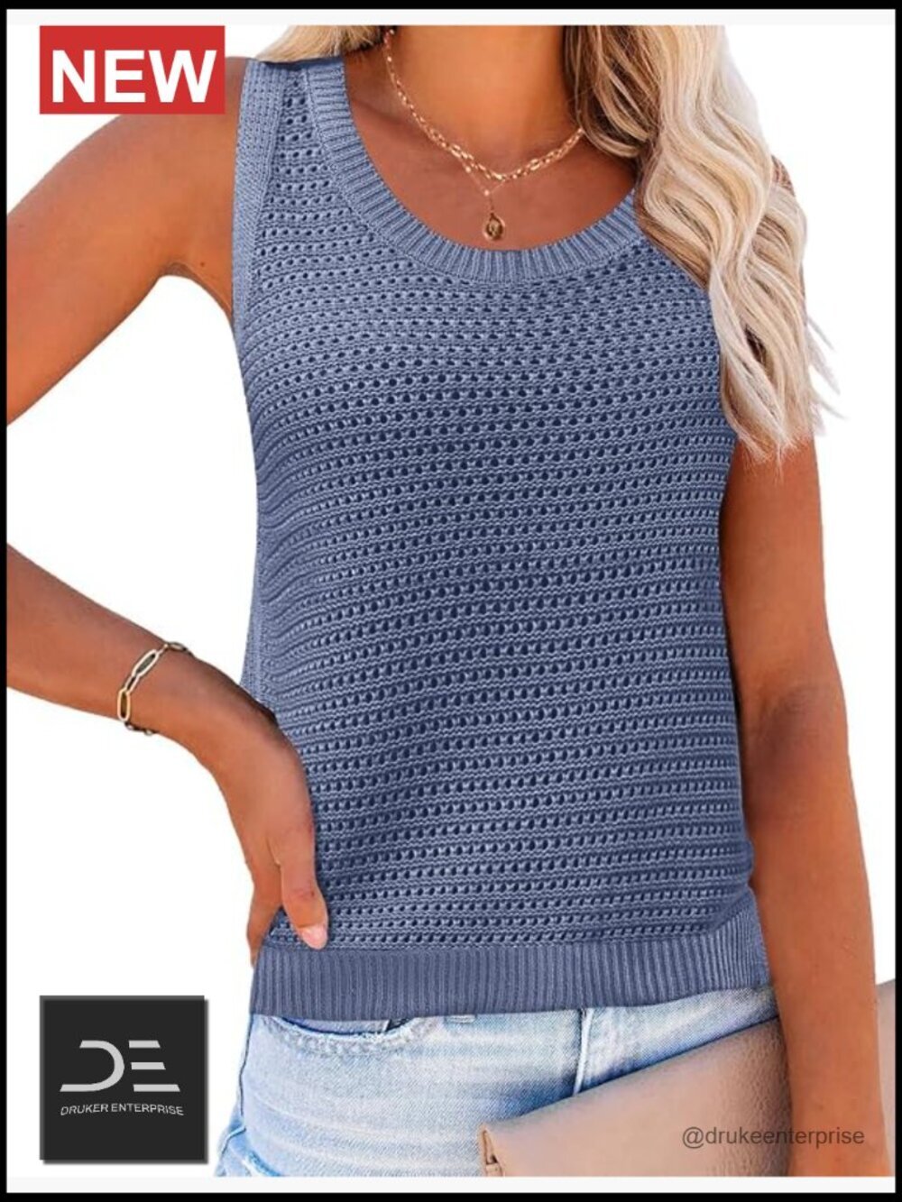 Womens Bohemian Crochet Sleeveless Sweater Vest Loose Knit Tank Tops Crew Neck